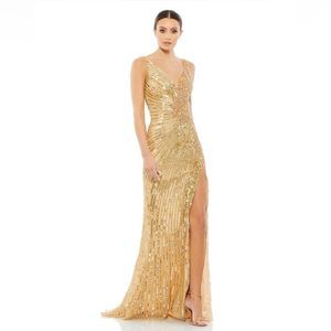 Mac Duggal 5473 Gold Beaded Sequin V-Neck Column Formal Cocktail Gown Size 4 New